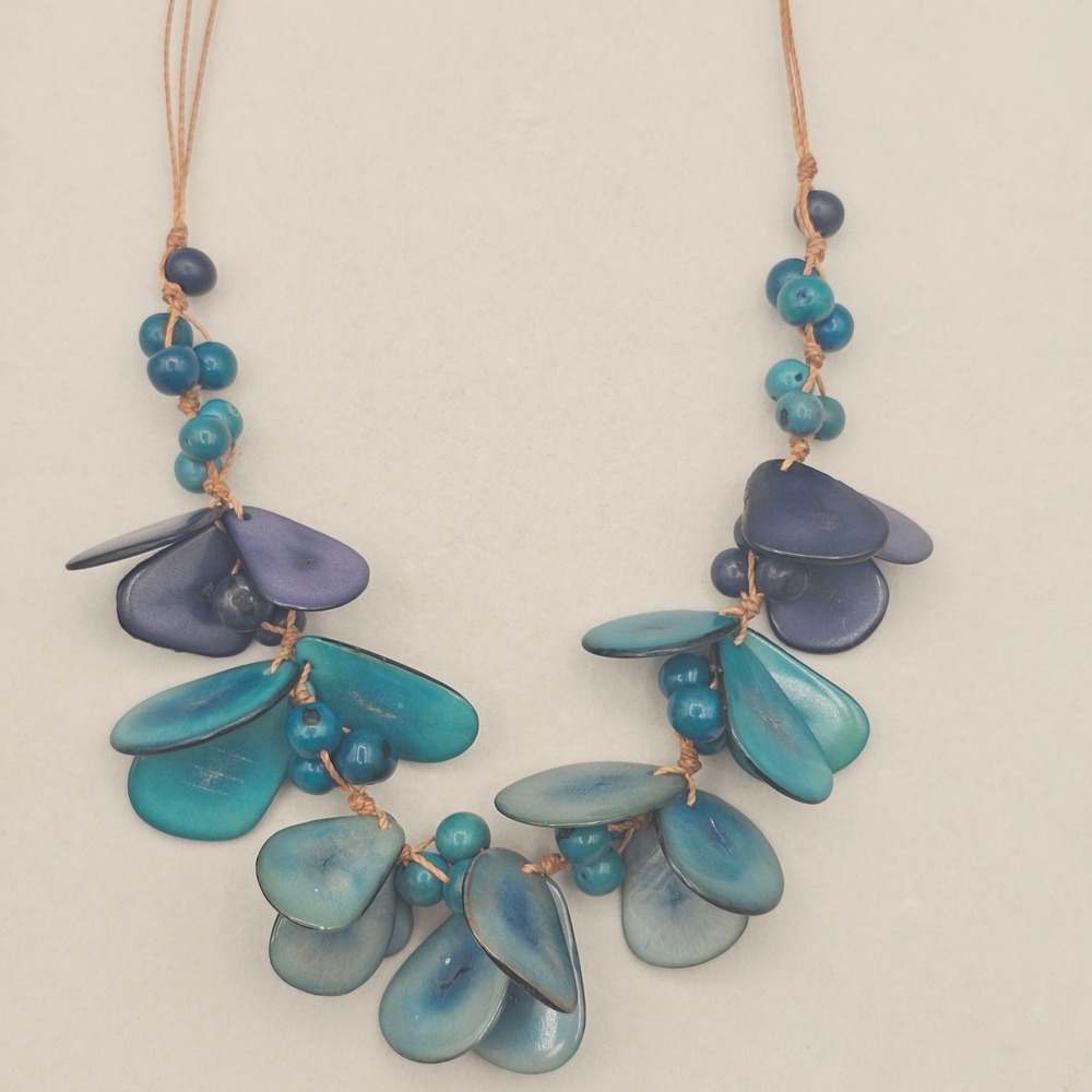Tagua Nut Statement Necklace Teal Boho Organic Coastal Tropical Sustainable